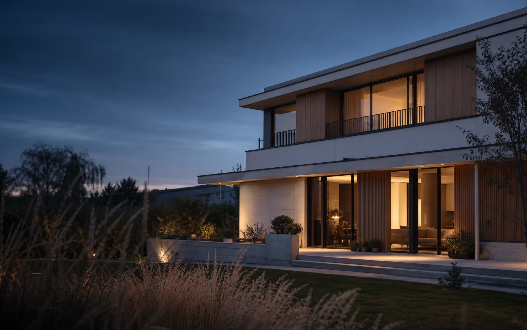 Modernes, energieeffizientes Wohnhaus am Abend